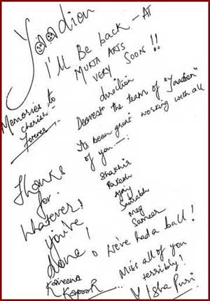 Kareena's autographed letter to the Yaadein team